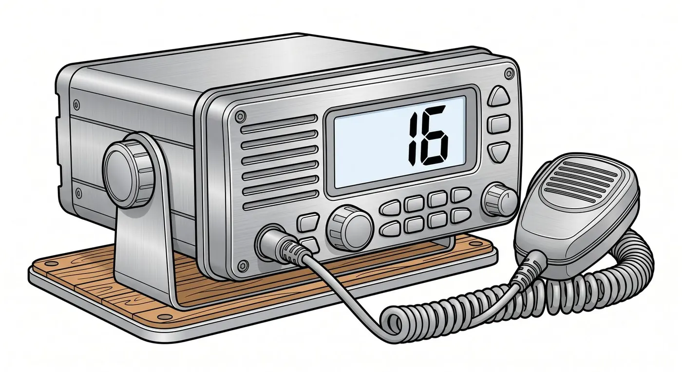 Radio VHF marina de a bordo, pantalla en canal 16