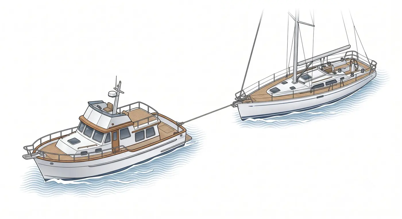 Velero siendo remolcado por otra embarcación, cabo de remolque tenso