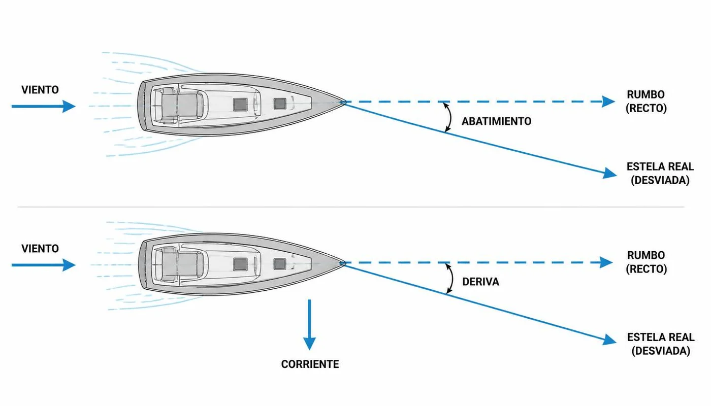 Diagrama del abatimiento producido por el viento y la deriva producida por la corriente sobre el rumbo de un barco