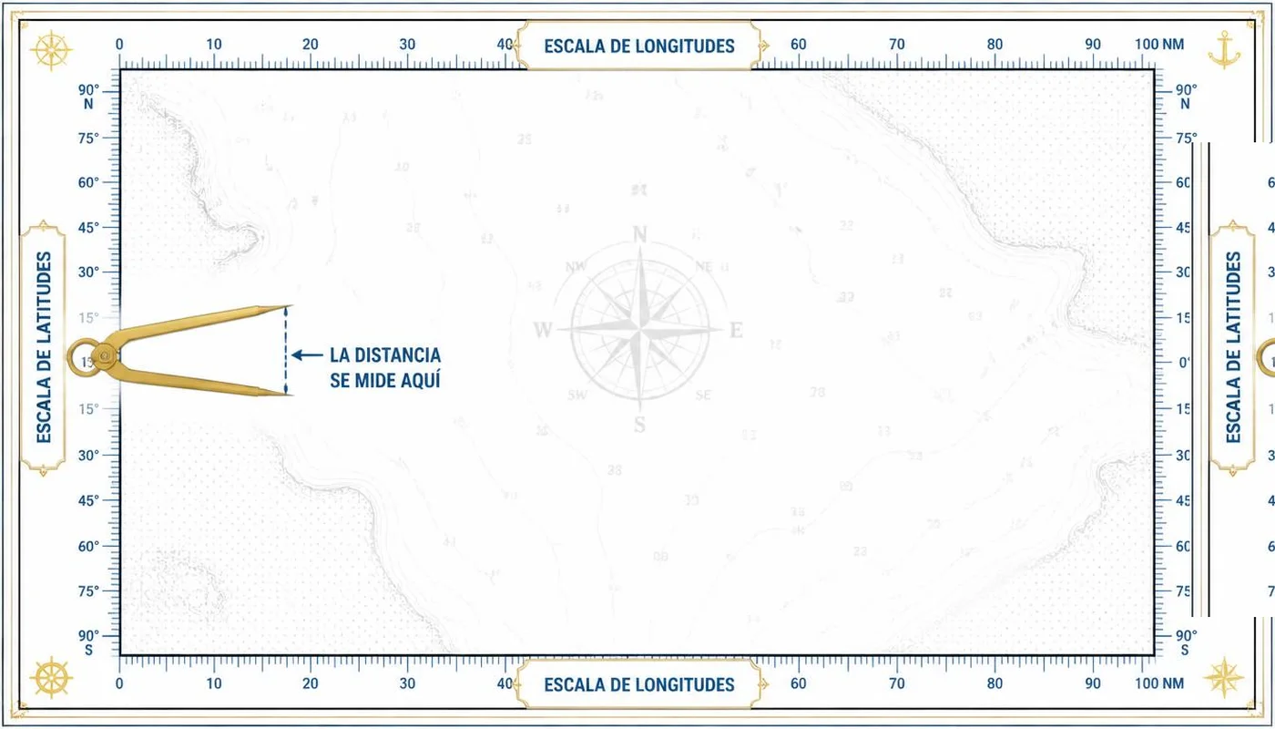 Márgenes de una carta náutica con las escalas de latitud a los lados y longitud arriba y abajo