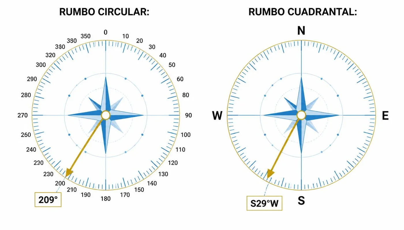 Comparativa de rumbo circular de 0 a 360 grados y rumbo cuadrantal por cuadrantes